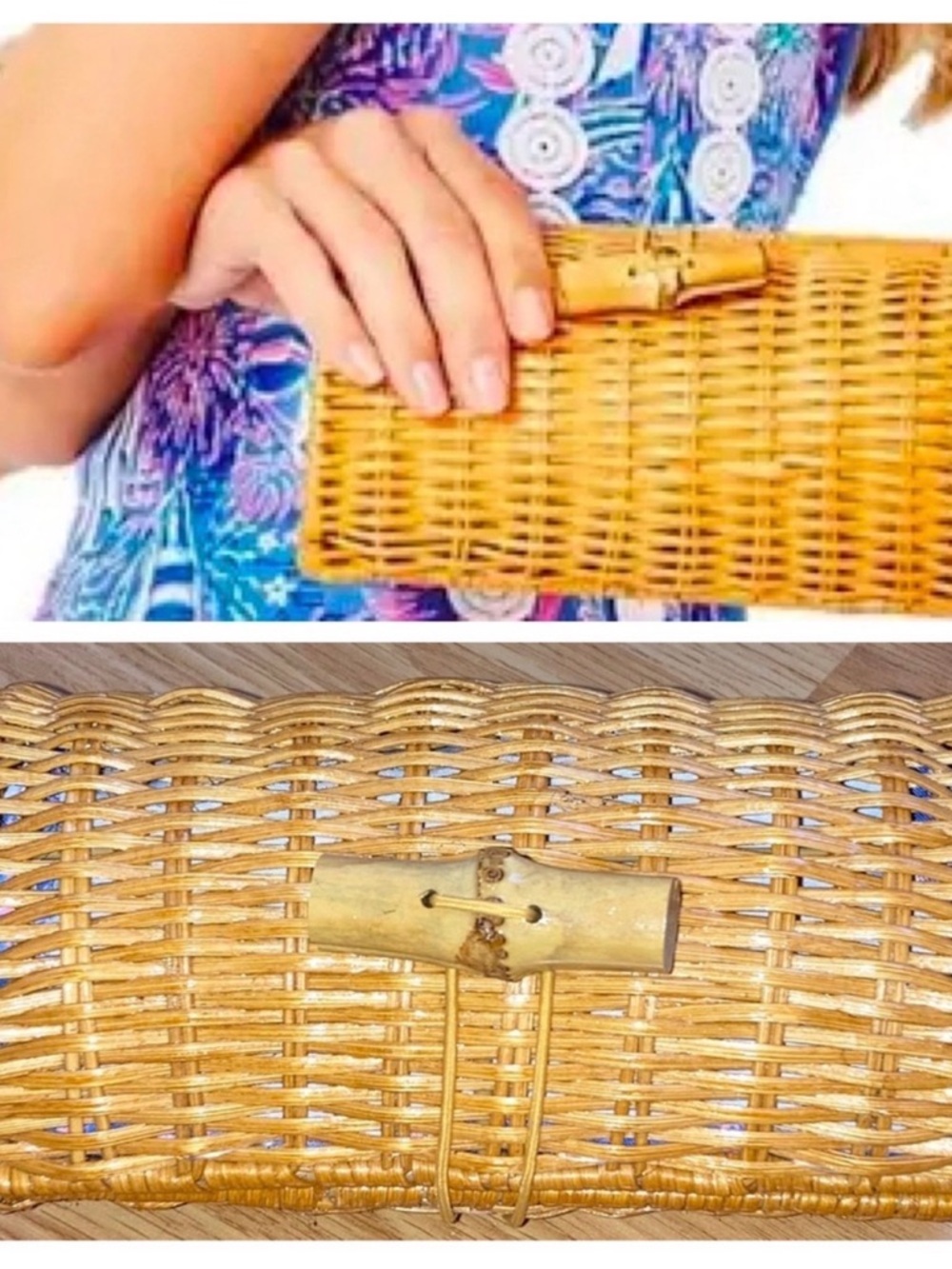 Lilly Pulitzer Natural Tan Wicker Clutch with Bamboo Toggle